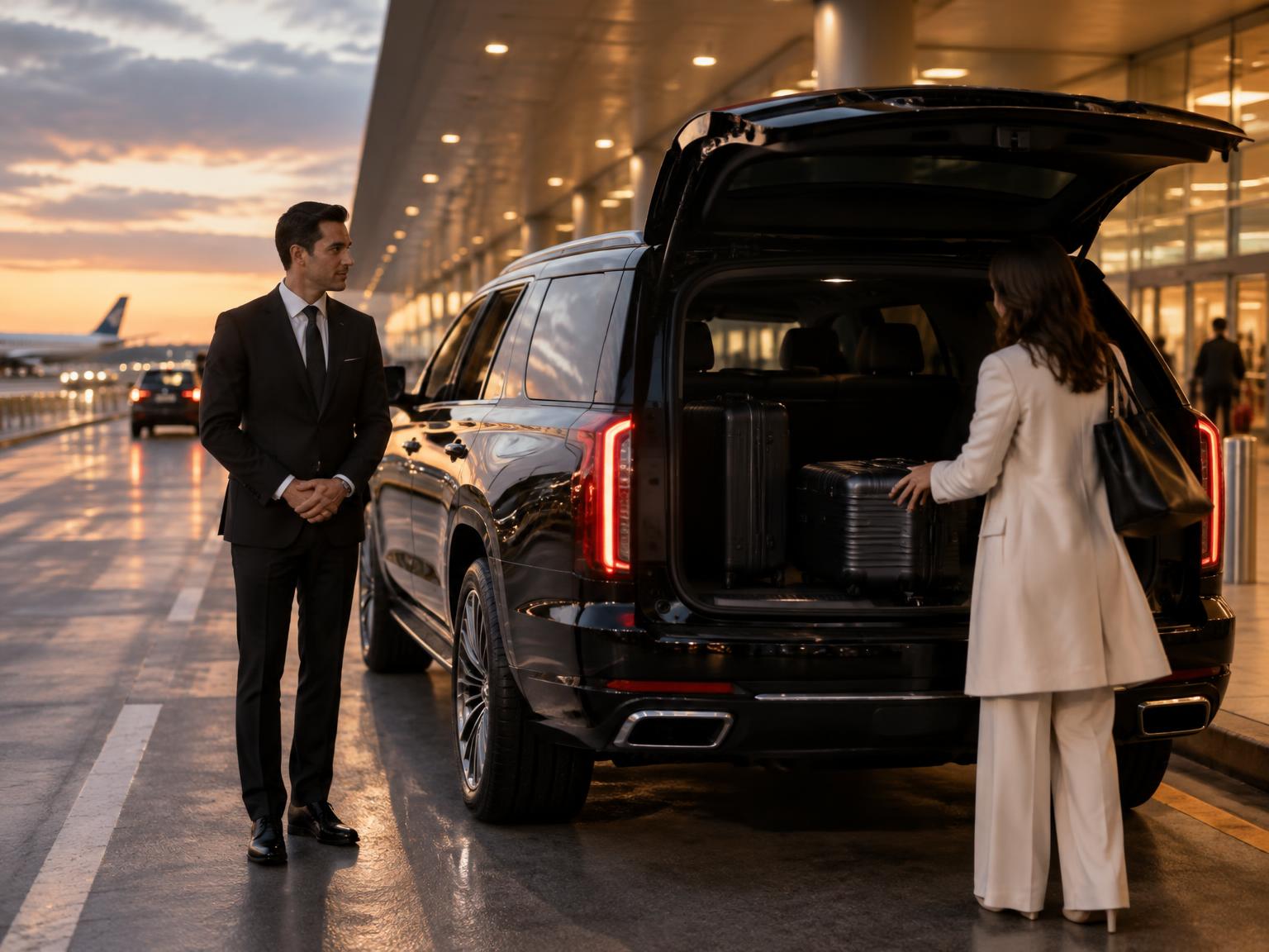 Driver loading luggage into a luxury SUV at the airport terminal