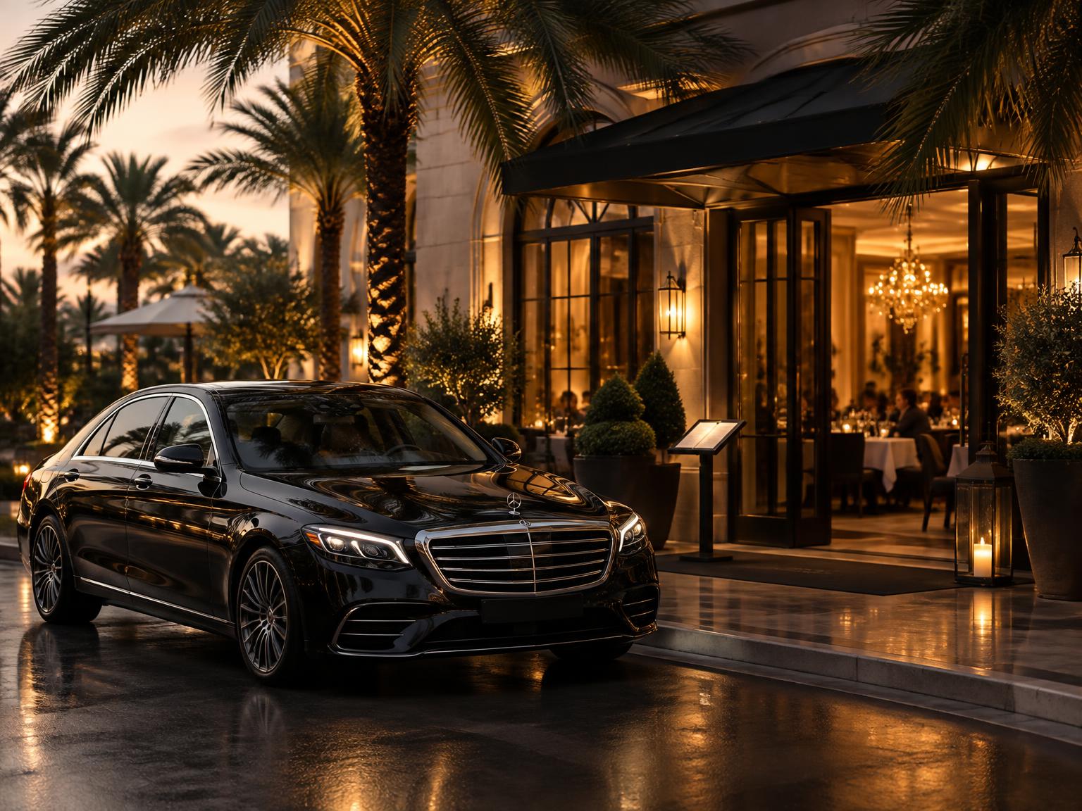Black luxury sedan waiting outside an upscale restaurant in the evening