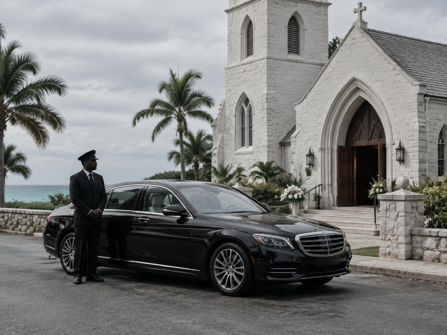 Dignified black luxury sedan with driver outside a white stone church