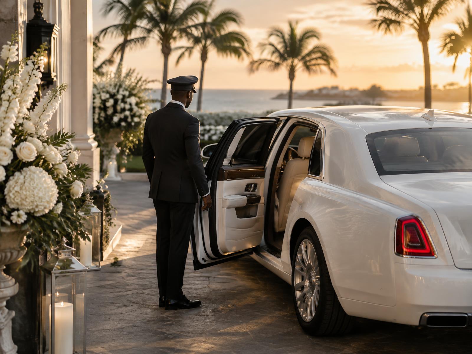 Driver-driven luxury sedan at an elegant occasion in Nassau
