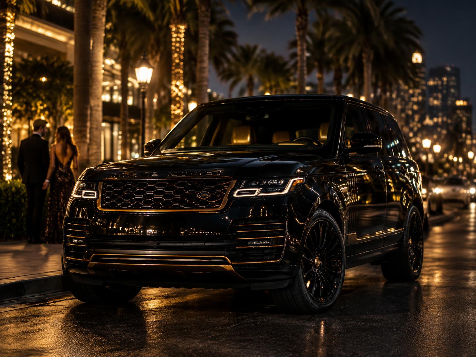 Black luxury SUV parked on a palm-lined street at night for prom night