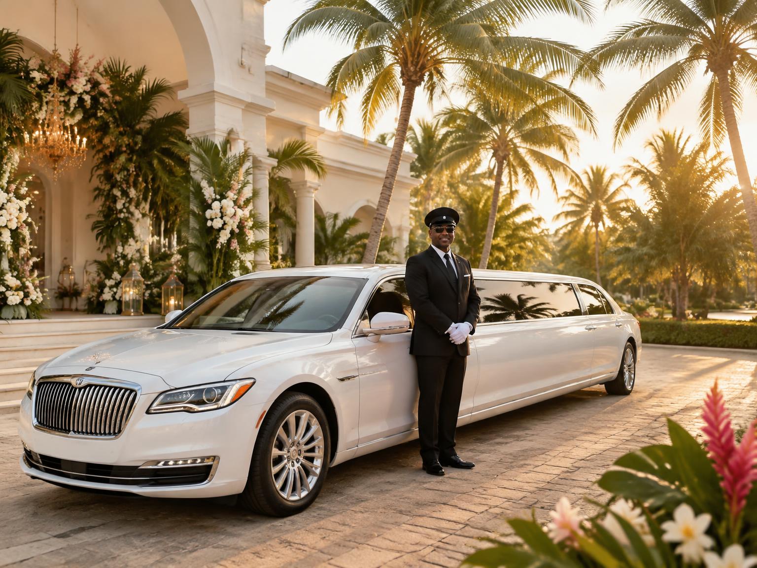 White stretch limousine with driver at an elegant Bahamas wedding venue